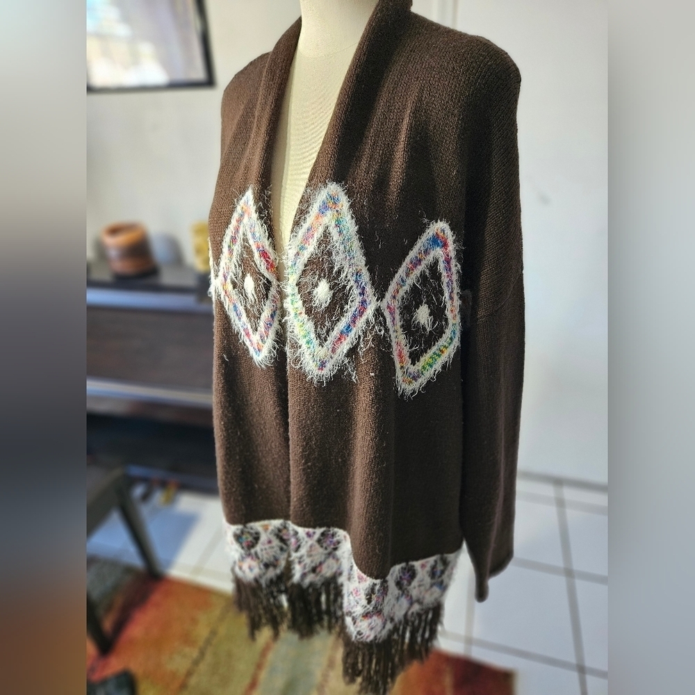 Long Brown Fringed Cardigan, Sz L, New Directions, Boho Aztec Pattern
